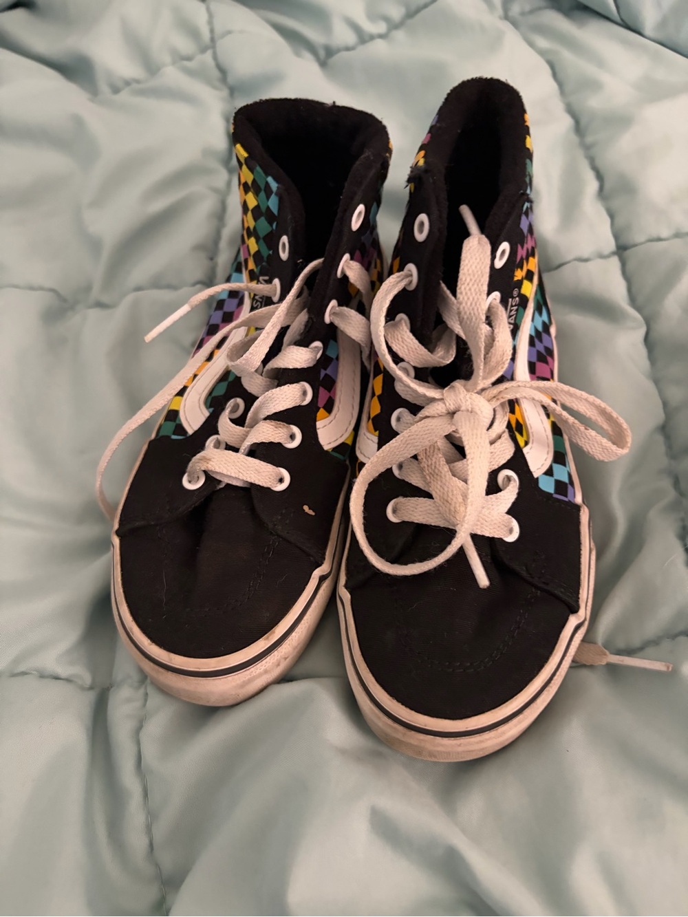 Vans Kids High-Top Sneakers in Black with Multicolor Checkerboard